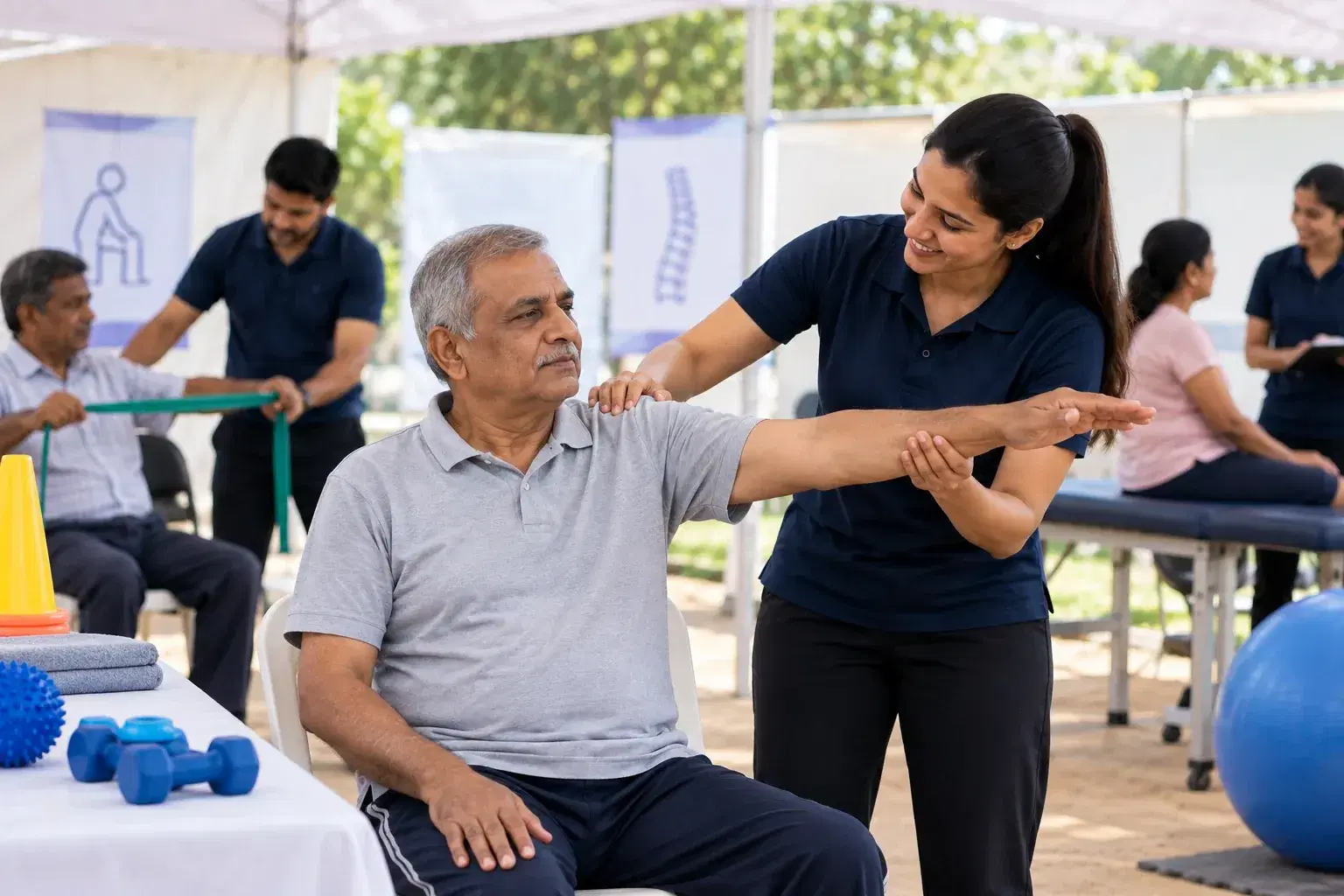 A therapist guiding an older man through an arm stretch at an outdoor health camp