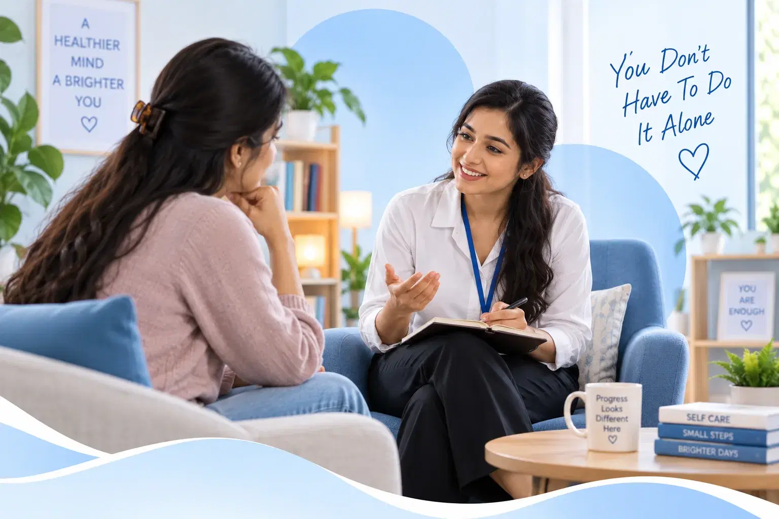 A therapist and a client in conversation in a bright, informal room
