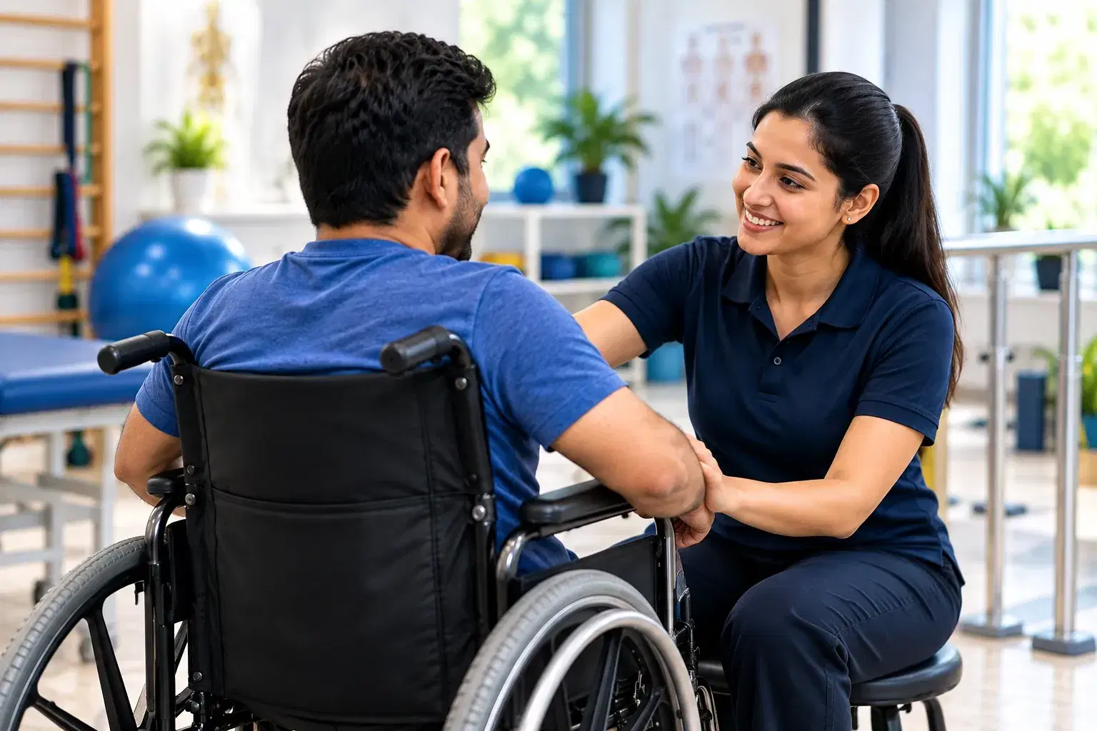 A therapist talking with a wheelchair user in a bright rehabilitation room
