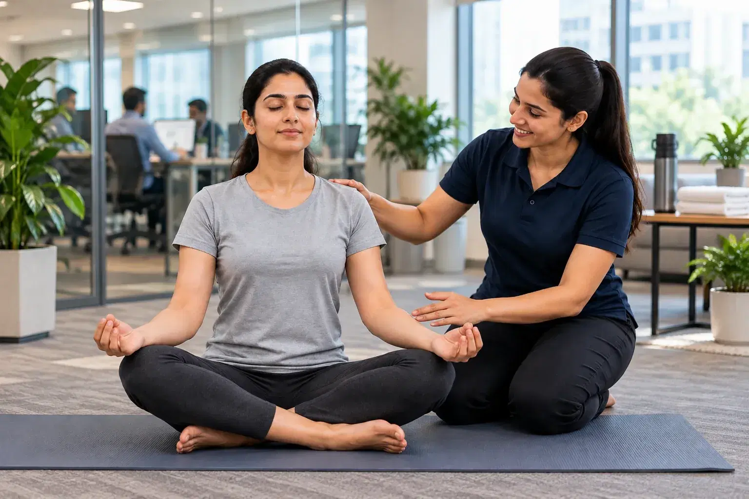 A therapist guiding a woman through a seated breathing exercise on a mat in an office
