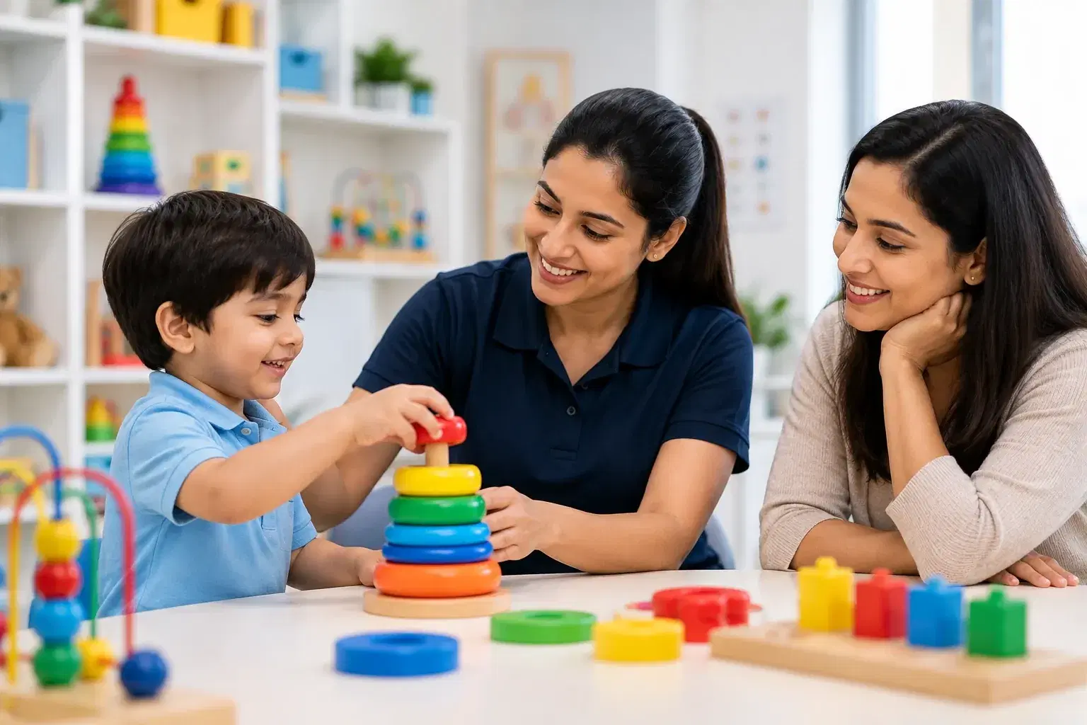 A therapist helping a young child stack coloured rings while a woman watches