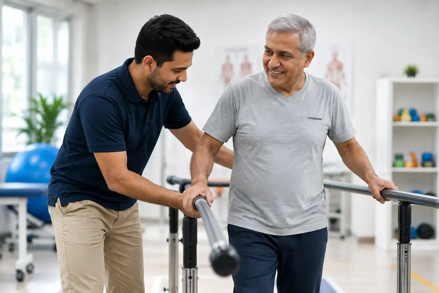 A therapist beside an older man as he walks between parallel bars in a rehab room