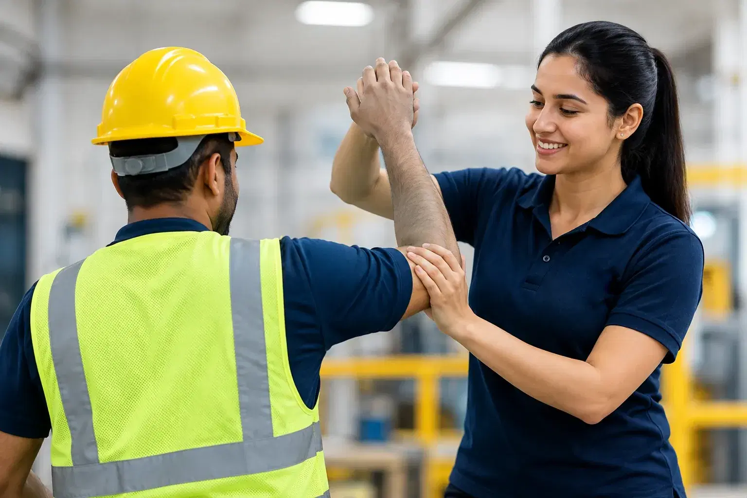 A therapist guiding a worker in a hard hat and safety vest through an overhead arm stretch on a factory floor