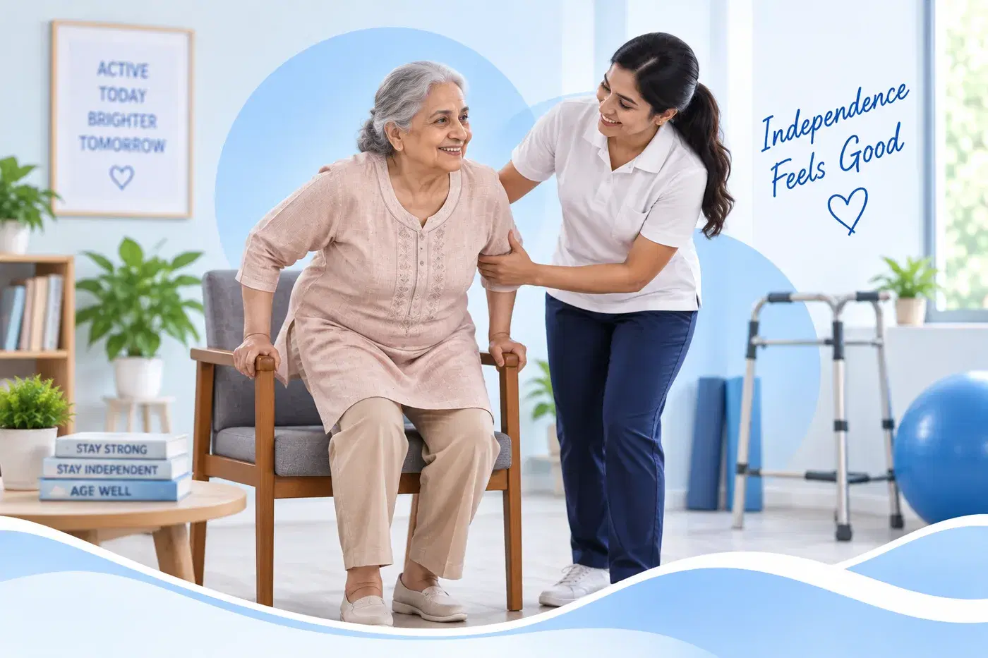 A therapist supporting an older adult to stand during a session at home